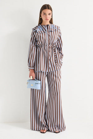 Modest Striped Shirt & Wide-Leg Trousers Set with Embroidered Collar — Kahve
