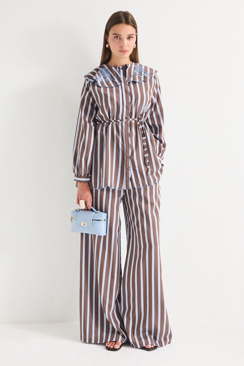 Modest Striped Shirt & Wide-Leg Trousers Set with Embroidered Collar — Kahve