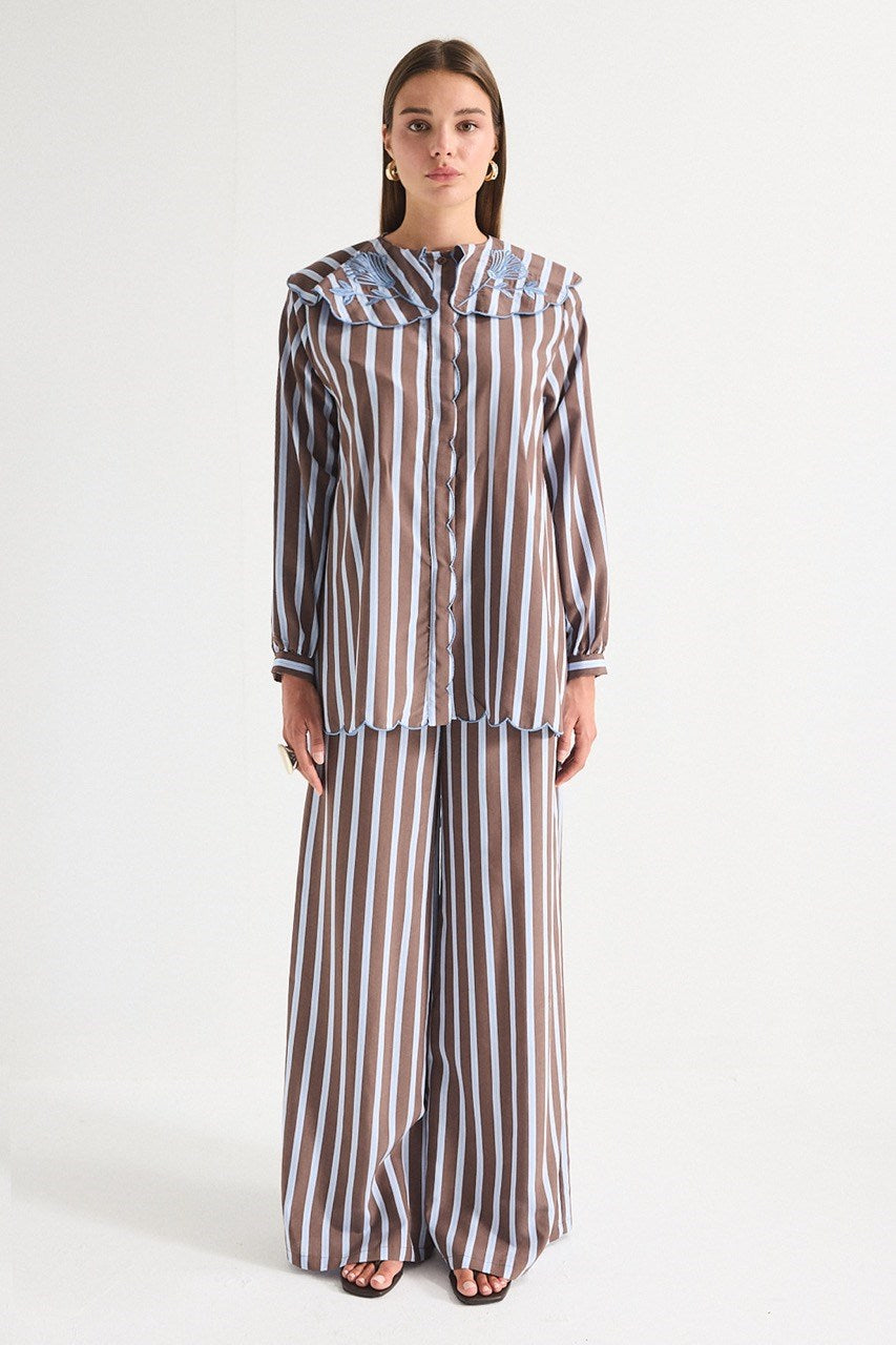 Modest Striped Shirt & Wide-Leg Trousers Set with Embroidered Collar — Kahve