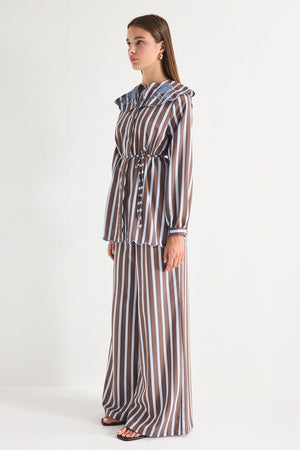 Modest Striped Shirt & Wide-Leg Trousers Set with Embroidered Collar — Kahve