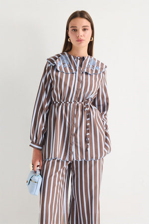 Modest Striped Shirt & Wide-Leg Trousers Set with Embroidered Collar — Kahve