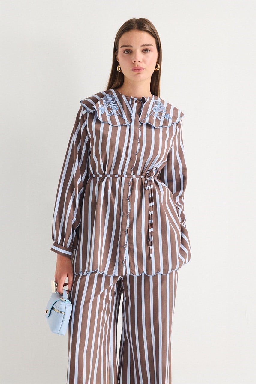 Modest Striped Shirt & Wide-Leg Trousers Set with Embroidered Collar — Kahve