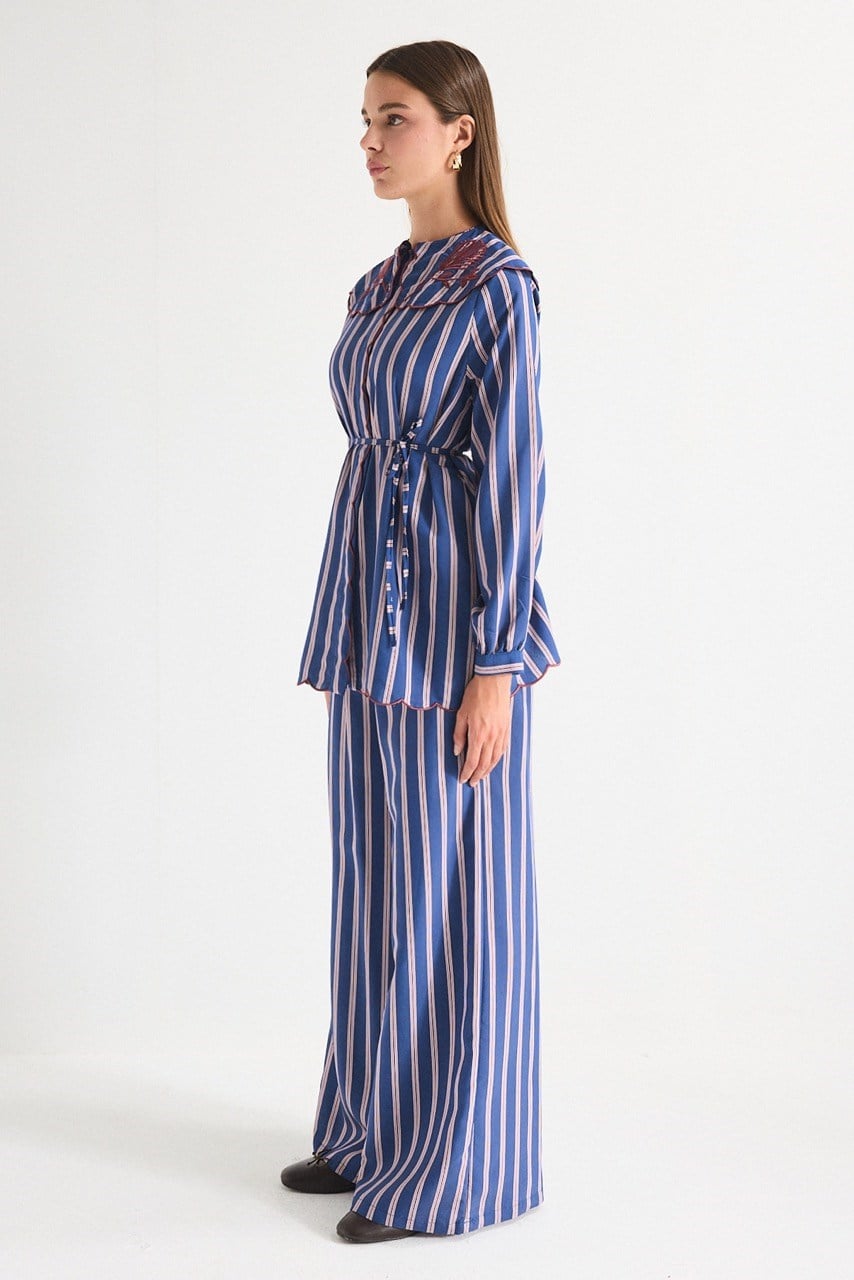 Modest Striped Shirt & Wide-Leg Trousers Set with Embroidered Collar — Lacivert