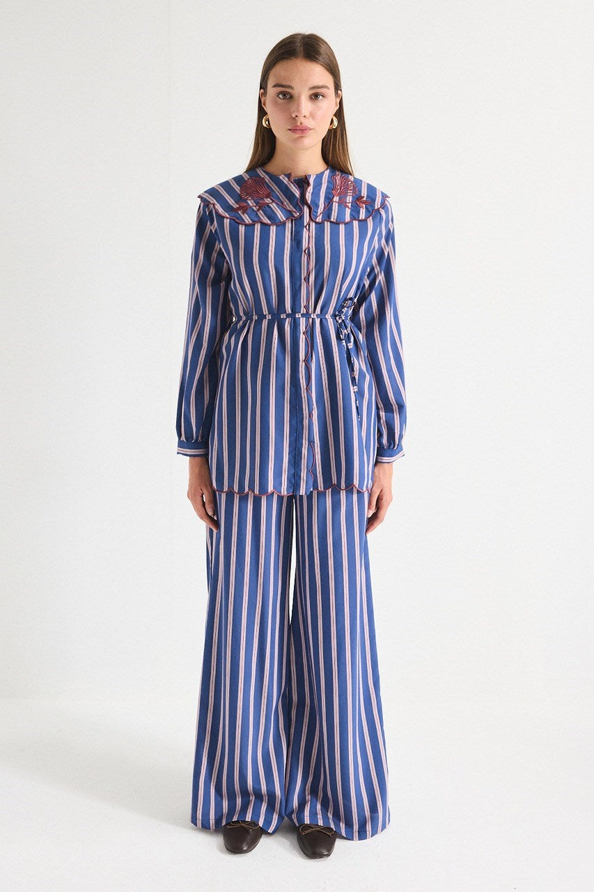 Modest Striped Shirt & Wide-Leg Trousers Set with Embroidered Collar — Lacivert