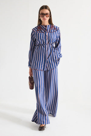 Modest Striped Shirt & Wide-Leg Trousers Set with Embroidered Collar — Lacivert