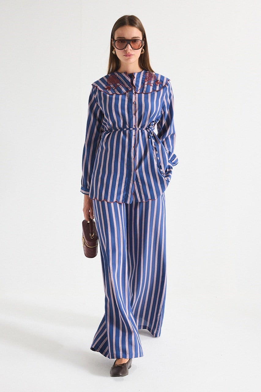 Modest Striped Shirt & Wide-Leg Trousers Set with Embroidered Collar — Lacivert