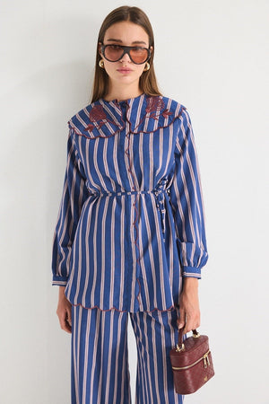 Modest Striped Shirt & Wide-Leg Trousers Set with Embroidered Collar — Lacivert
