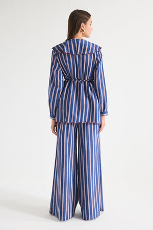 Modest Striped Shirt & Wide-Leg Trousers Set with Embroidered Collar — Lacivert