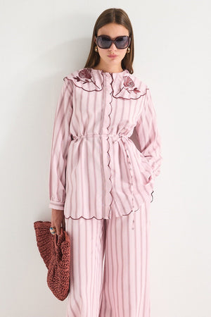 Modest Striped Shirt & Wide-Leg Trousers Set with Embroidered Collar — Pembe