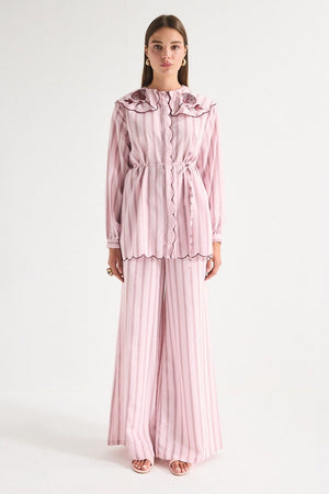 Modest Striped Shirt & Wide-Leg Trousers Set with Embroidered Collar — Pembe