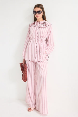 Modest Striped Shirt & Wide-Leg Trousers Set with Embroidered Collar — Pembe