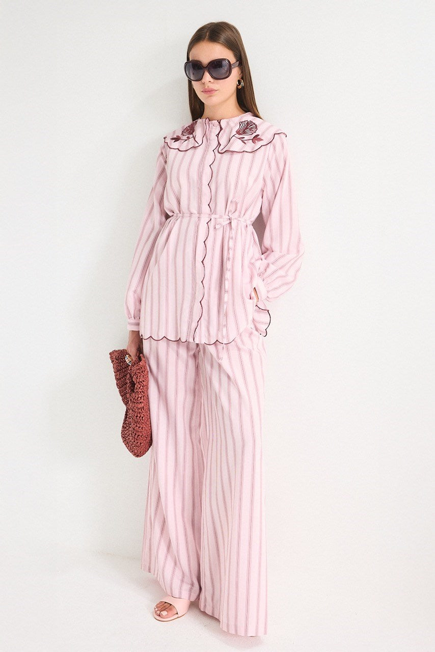 Modest Striped Shirt & Wide-Leg Trousers Set with Embroidered Collar — Pembe