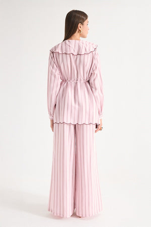 Modest Striped Shirt & Wide-Leg Trousers Set with Embroidered Collar — Pembe