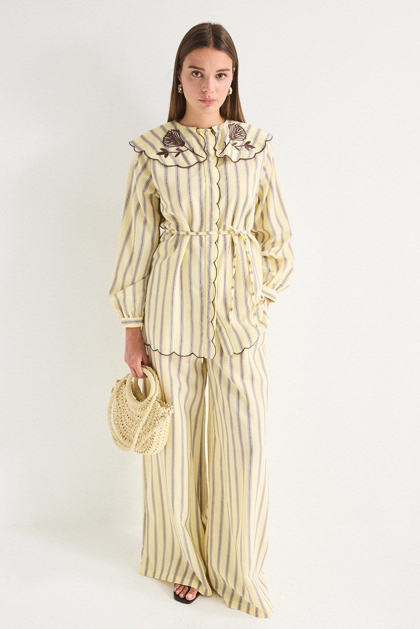 Modest Striped Shirt & Wide-Leg Trousers Set with Embroidered Collar — Sarı
