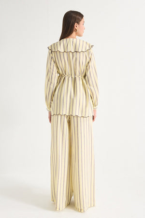 Modest Striped Shirt & Wide-Leg Trousers Set with Embroidered Collar — Sarı