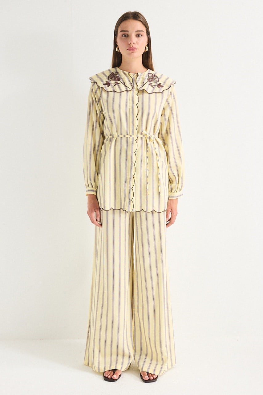 Modest Striped Shirt & Wide-Leg Trousers Set with Embroidered Collar — Sarı