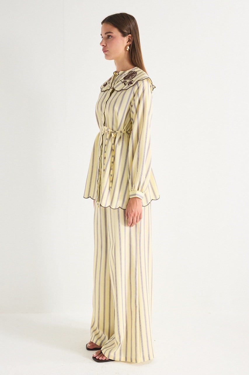 Modest Striped Shirt & Wide-Leg Trousers Set with Embroidered Collar — Sarı
