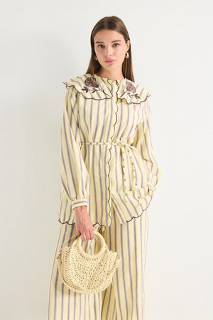 Modest Striped Shirt & Wide-Leg Trousers Set with Embroidered Collar — Sarı