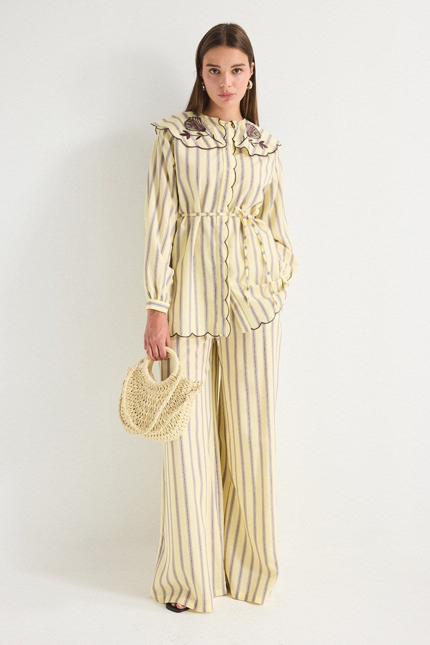 Modest Striped Shirt & Wide-Leg Trousers Set with Embroidered Collar — Sarı