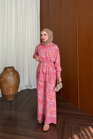 Salmon Satin Two-Piece Trouser Set with Detachable Belt