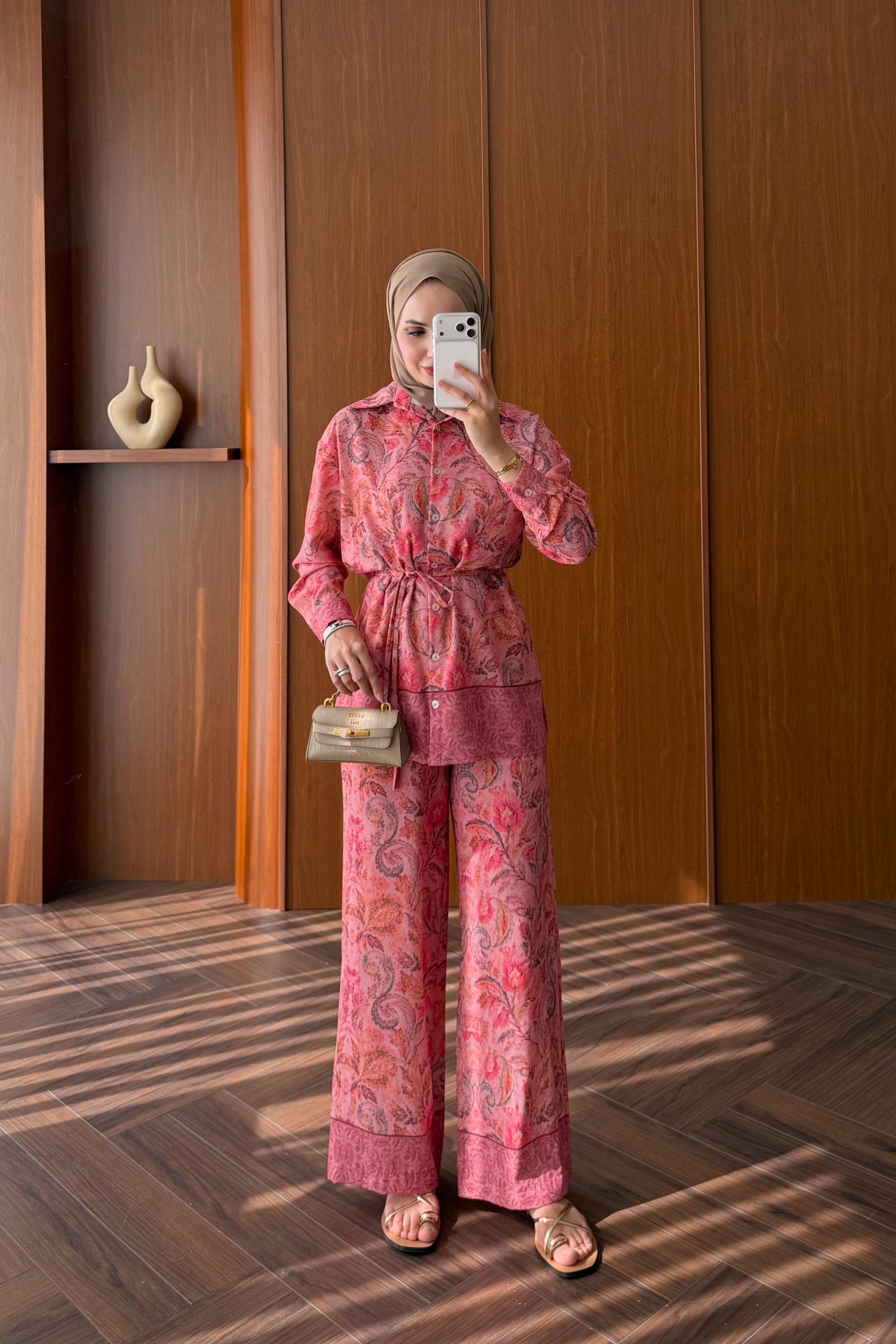 Salmon Satin Two-Piece Trouser Set with Detachable Belt