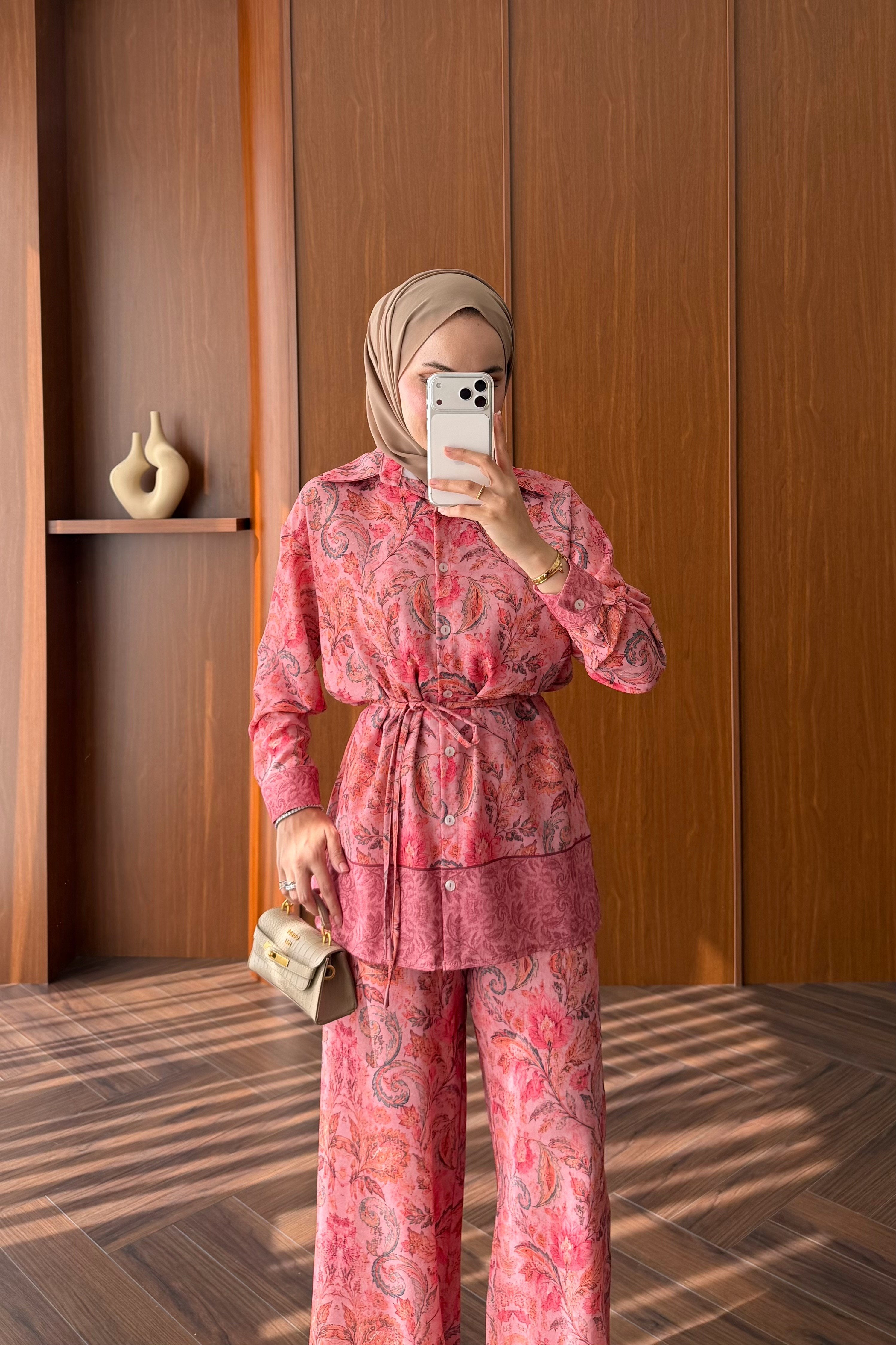 Salmon Satin Two-Piece Trouser Set with Detachable Belt