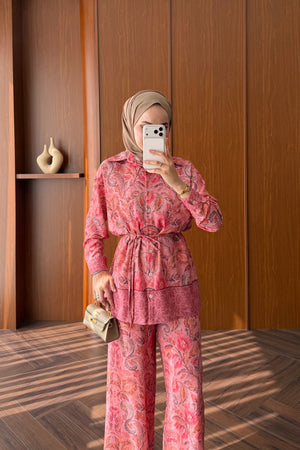 Salmon Satin Two-Piece Trouser Set with Detachable Belt