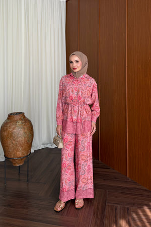 Salmon Satin Two-Piece Trouser Set with Detachable Belt