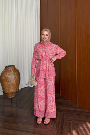 Salmon Satin Two-Piece Trouser Set with Detachable Belt