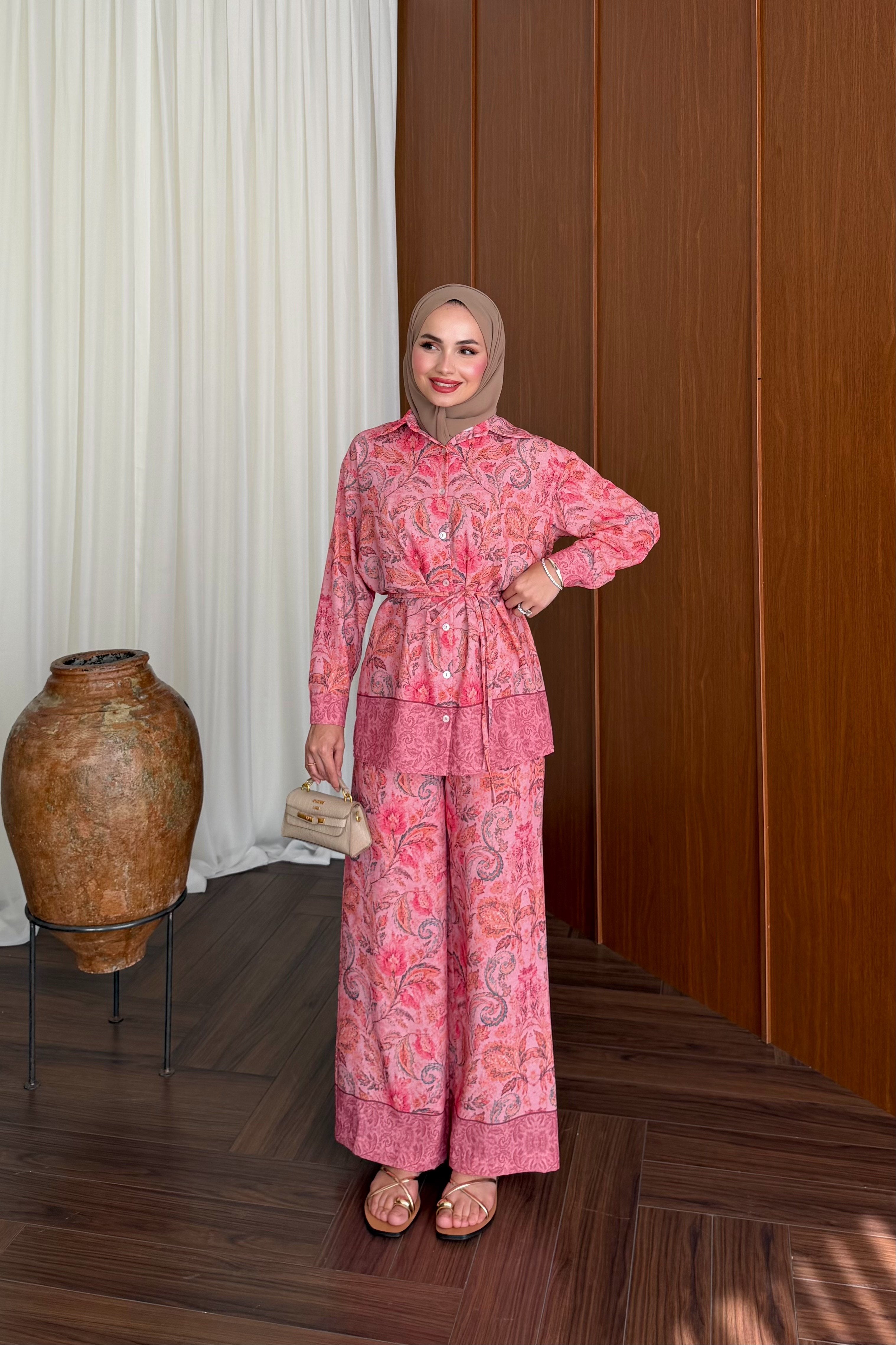Salmon Satin Two-Piece Trouser Set with Detachable Belt