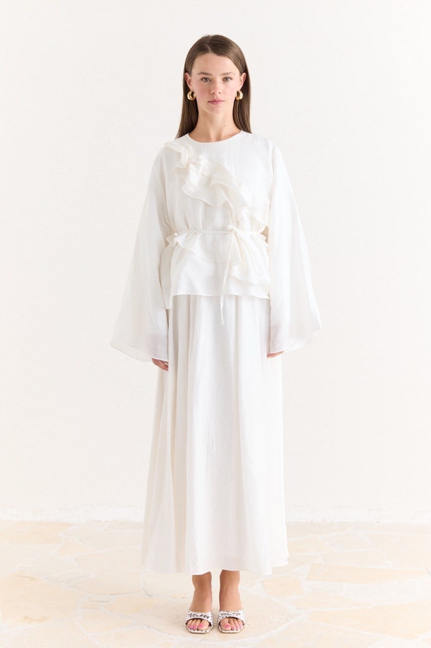 Ruffled Top & Midi Skirt Set - Modest, Relaxed Fit — Ekru