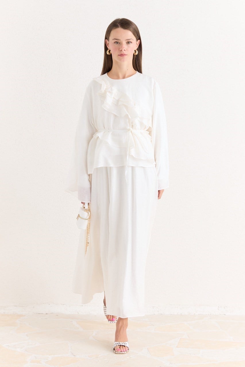 Ruffled Top & Midi Skirt Set - Modest, Relaxed Fit — Ekru