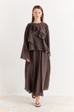 Ruffled Top & Midi Skirt Set - Modest, Relaxed Fit — Kahve