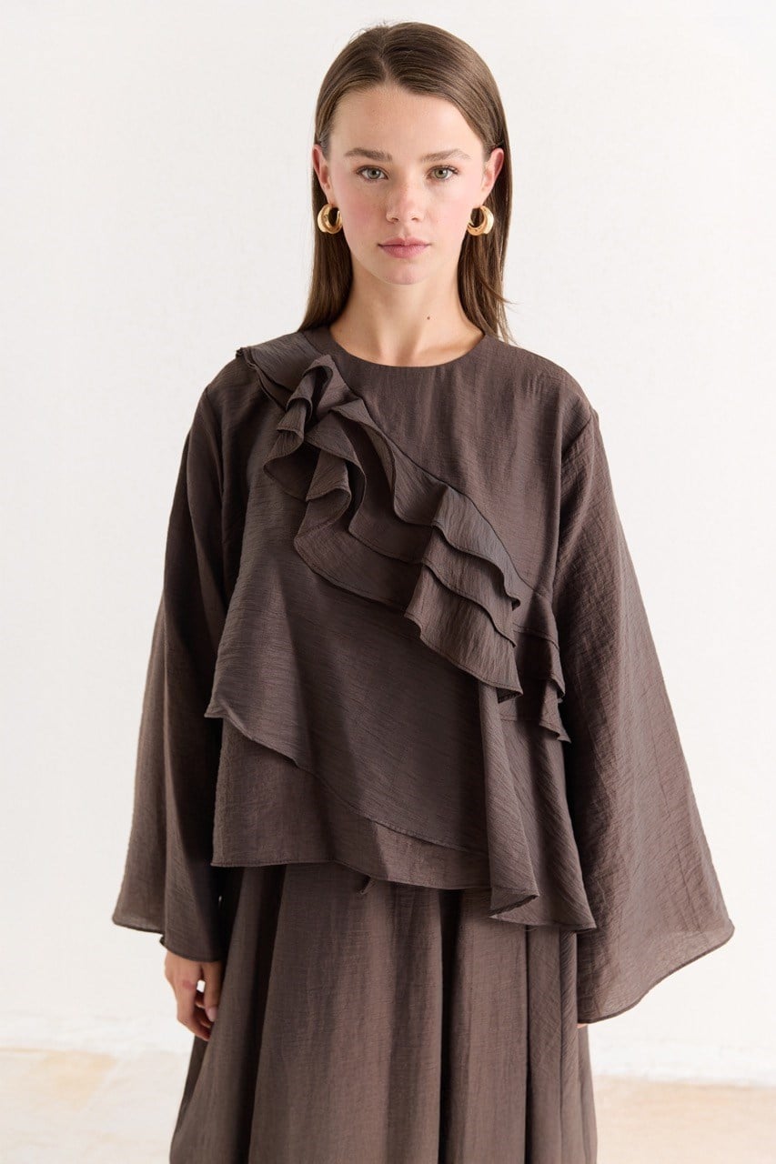 Ruffled Top & Midi Skirt Set - Modest, Relaxed Fit — Kahve