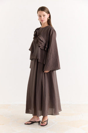 Ruffled Top & Midi Skirt Set - Modest, Relaxed Fit — Kahve