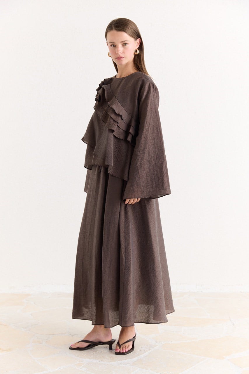 Ruffled Top & Midi Skirt Set - Modest, Relaxed Fit — Kahve