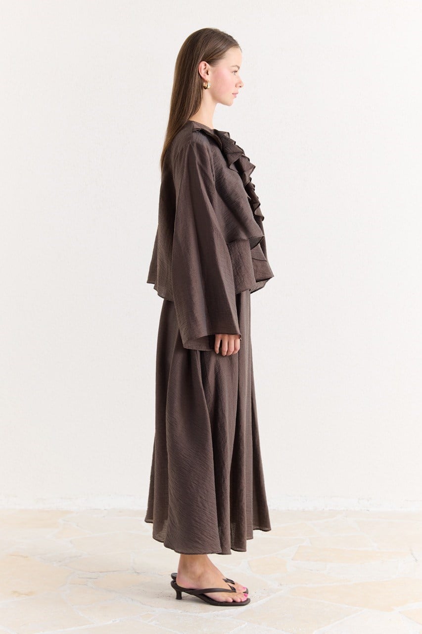 Ruffled Top & Midi Skirt Set - Modest, Relaxed Fit — Kahve