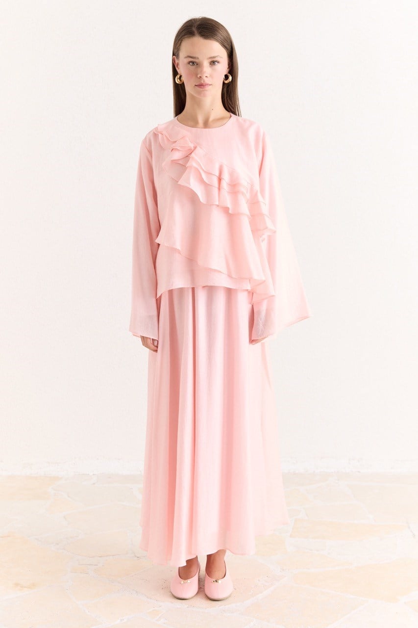 Ruffled Top & Midi Skirt Set - Modest, Relaxed Fit — Pembe