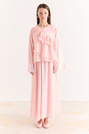 Ruffled Top & Midi Skirt Set - Modest, Relaxed Fit — Pembe