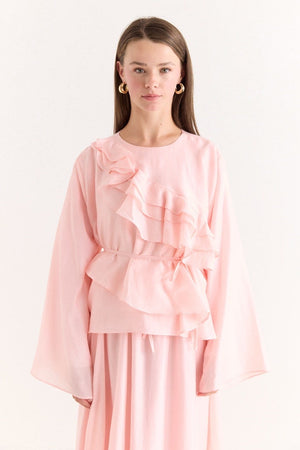 Ruffled Top & Midi Skirt Set - Modest, Relaxed Fit — Pembe