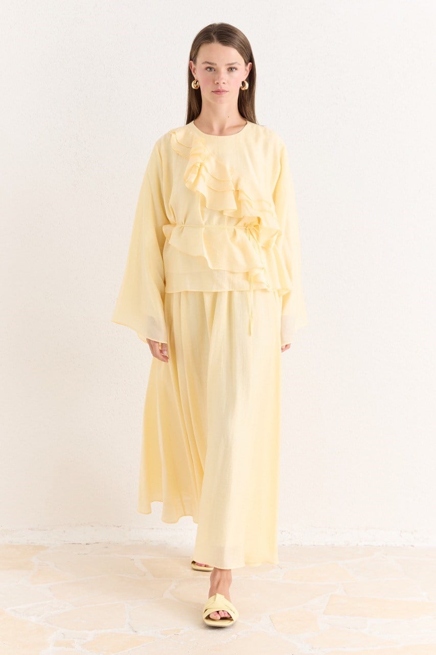 Ruffled Top & Midi Skirt Set - Modest, Relaxed Fit — Sarı