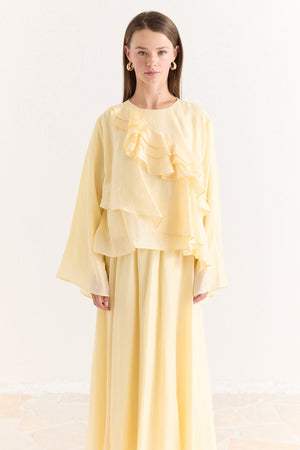 Ruffled Top & Midi Skirt Set - Modest, Relaxed Fit — Sarı