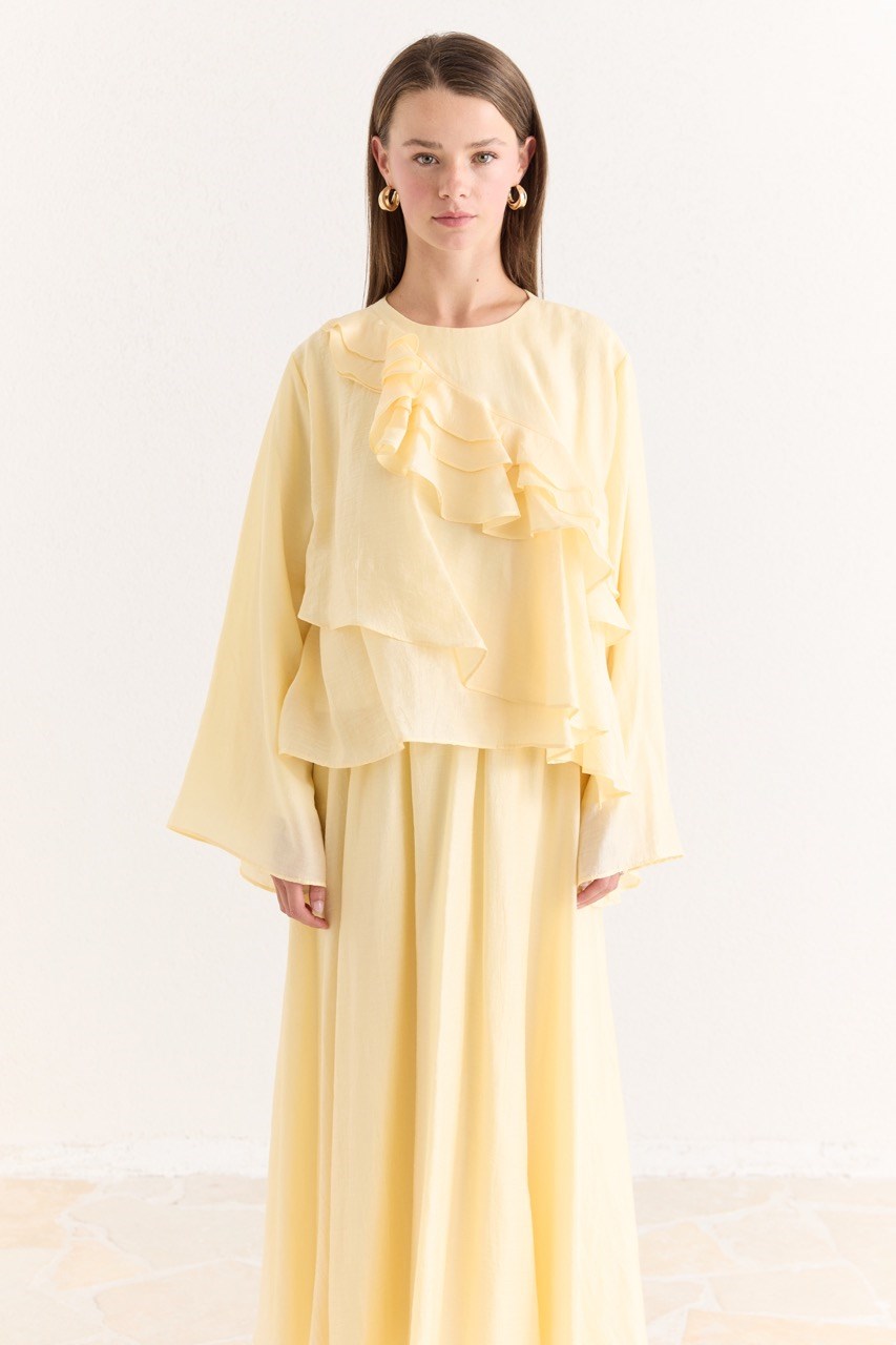Ruffled Top & Midi Skirt Set - Modest, Relaxed Fit — Sarı