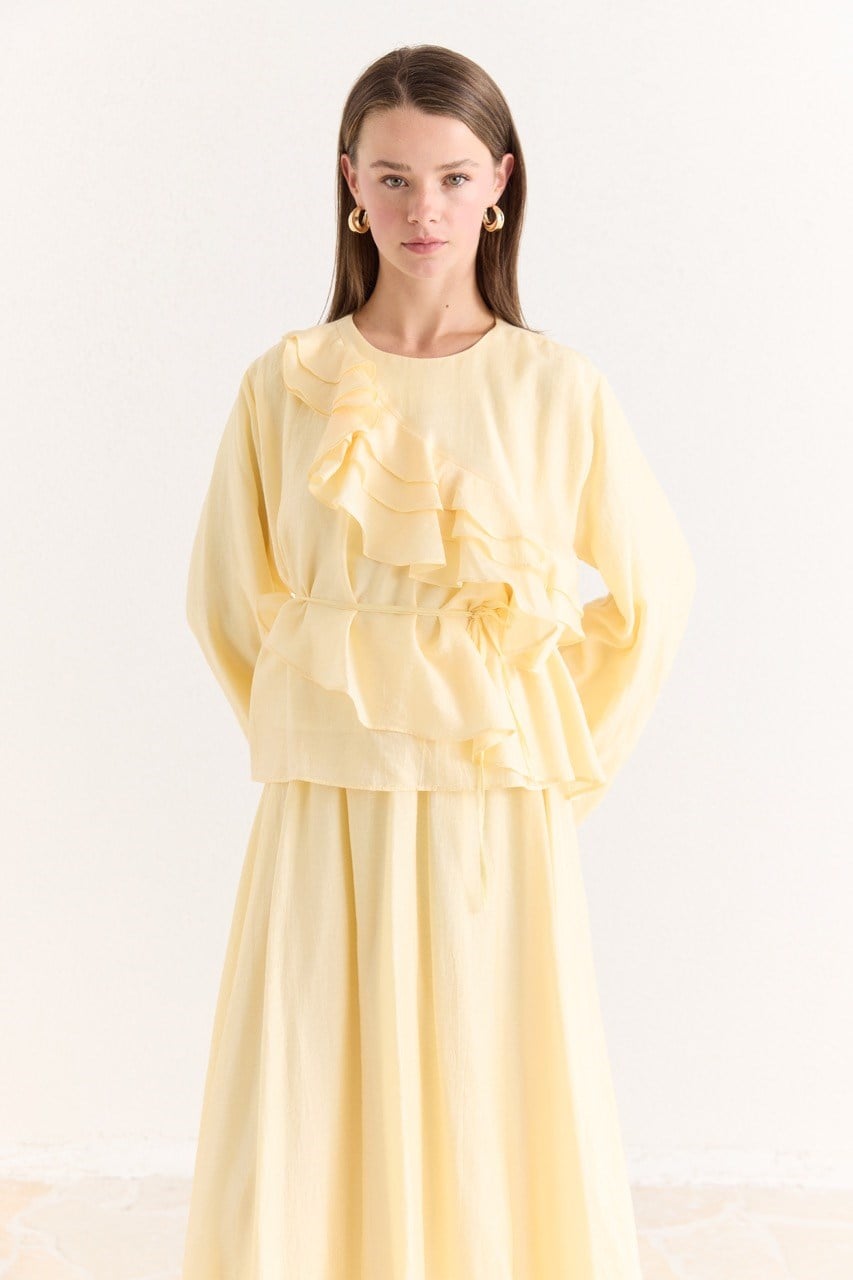 Ruffled Top & Midi Skirt Set - Modest, Relaxed Fit — Sarı
