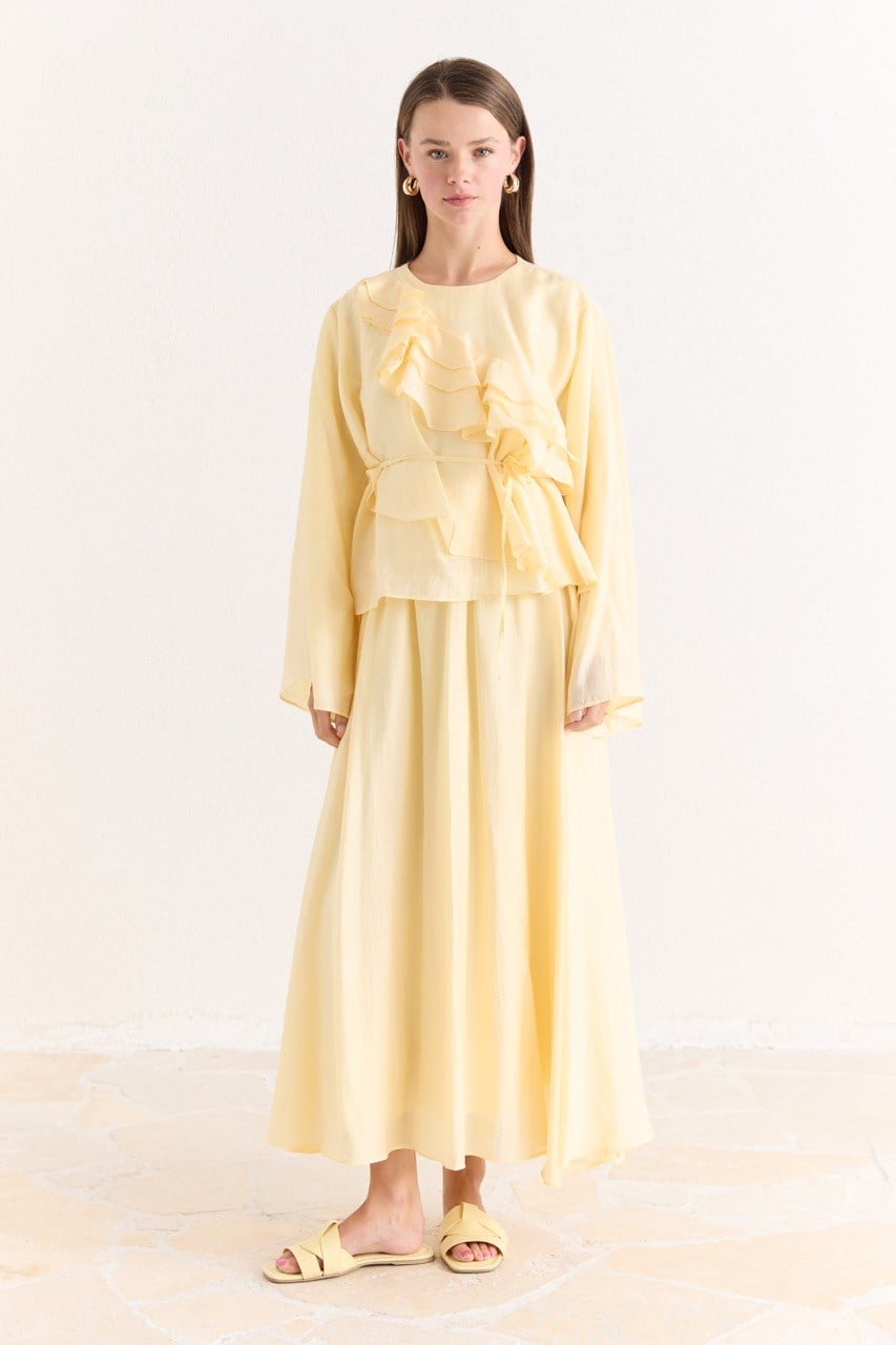 Ruffled Top & Midi Skirt Set - Modest, Relaxed Fit — Sarı