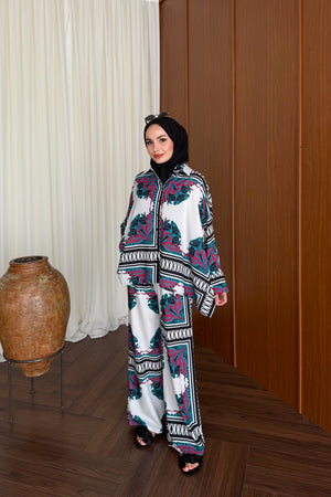 Patterned Batwing Sleeve Satin Trousers Set
