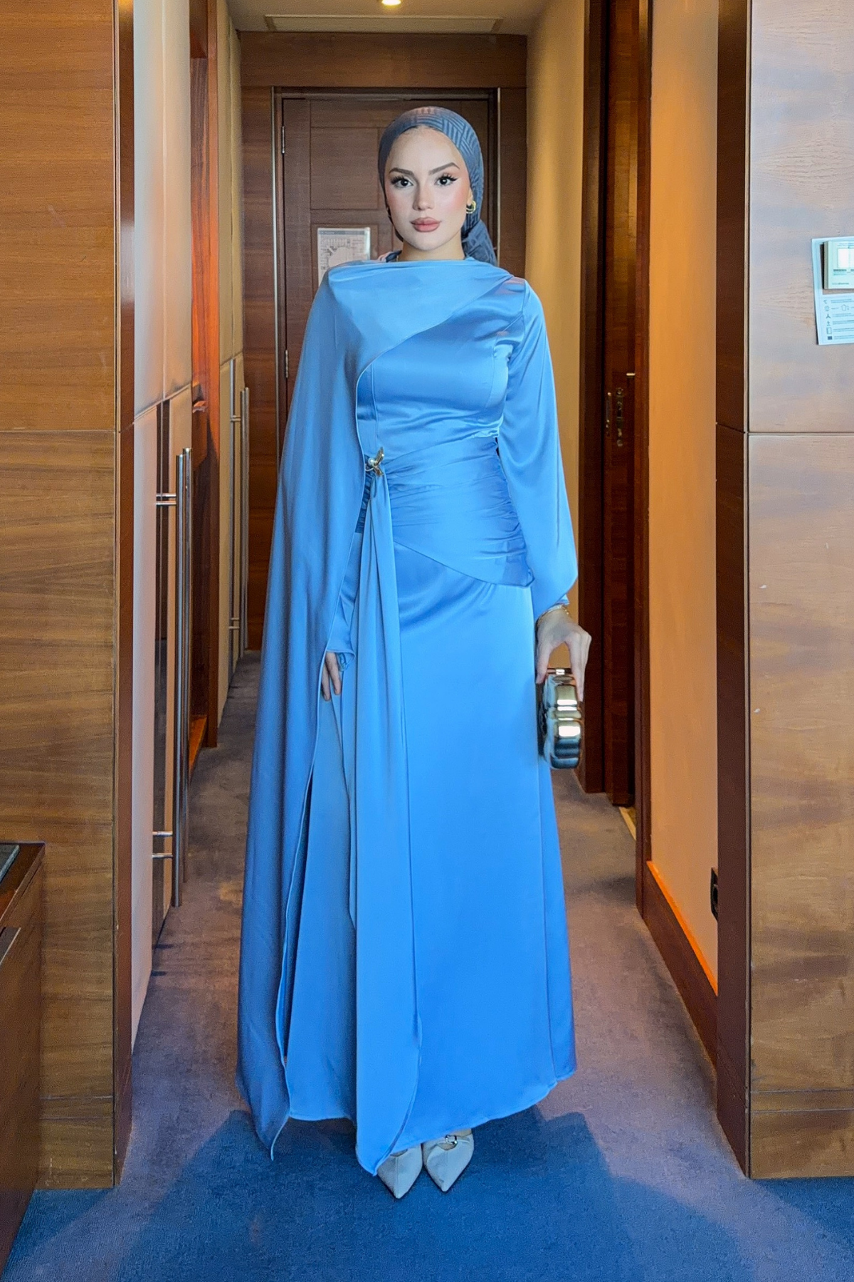 Modest Satin Maxi Dress with Drape Detail — Bebe Mavi