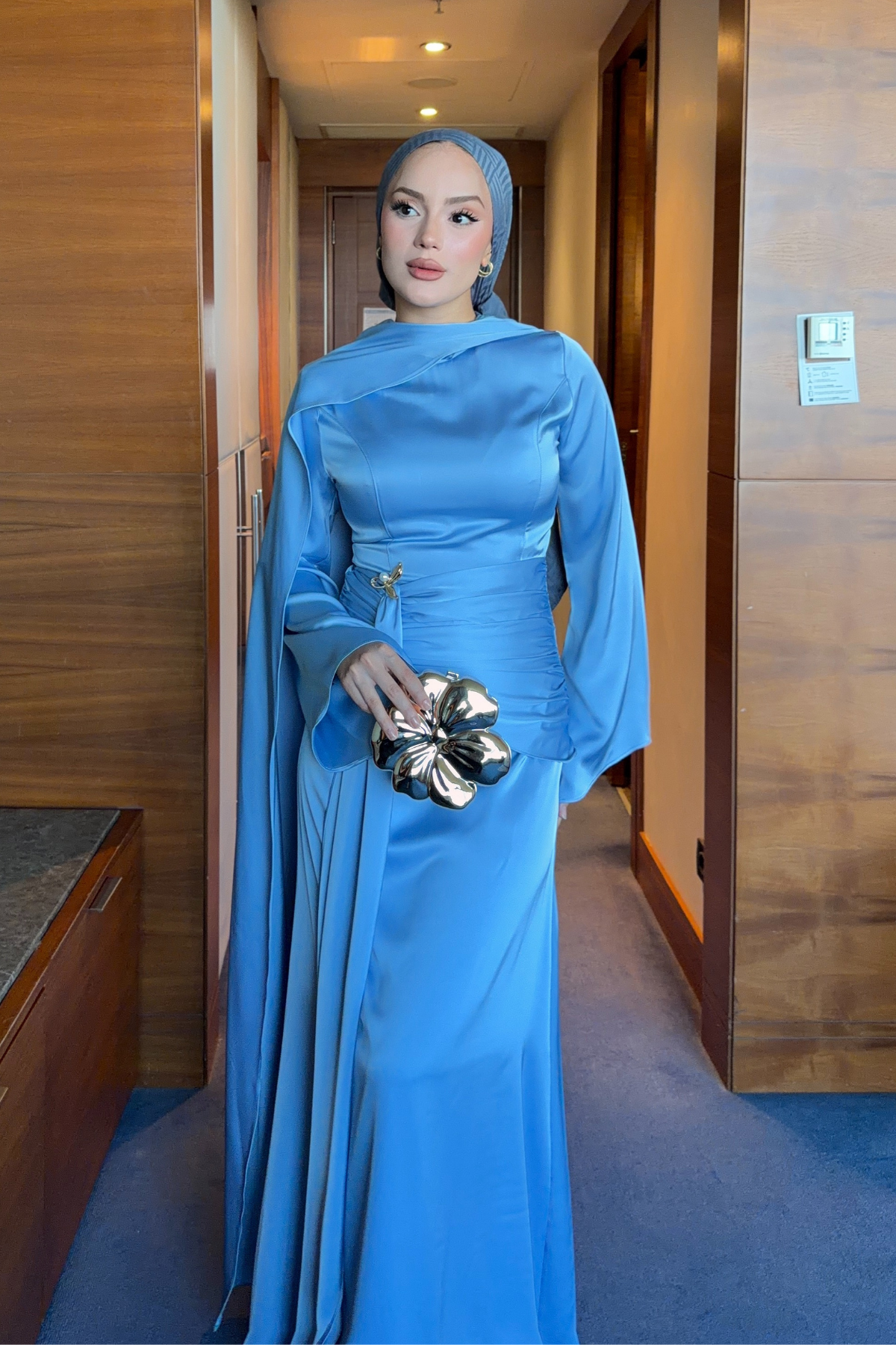 Modest Satin Maxi Dress with Drape Detail — Bebe Mavi