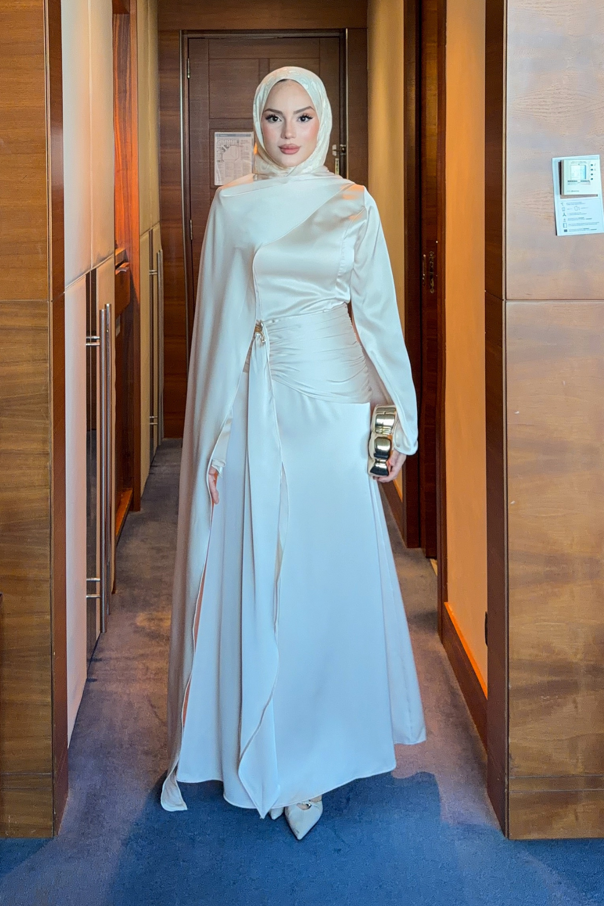 Modest Satin Maxi Dress with Drape Detail — Krem