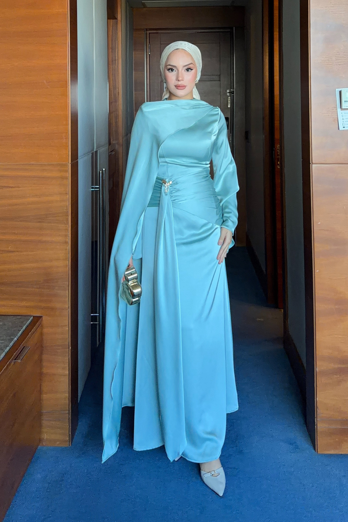 Modest Satin Maxi Dress with Drape Detail — Mint Yesili